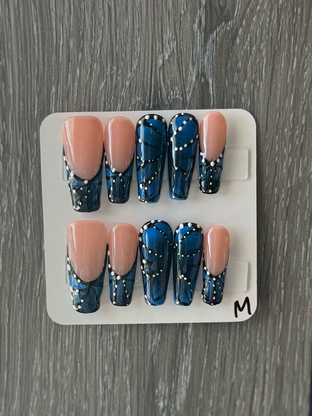 Blue & Nude Press-On Nail Set with Pearl Dot Accents